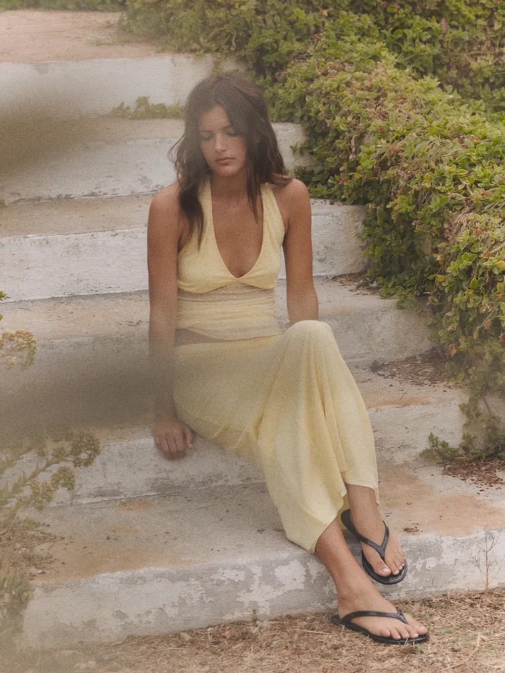 Sheer Yellow V-Neck Maxi 2 piece skirt and top